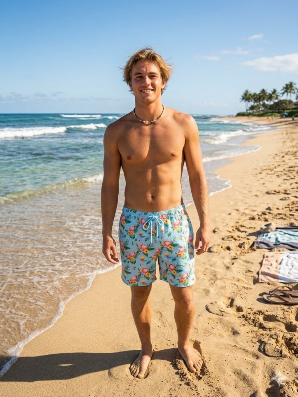 Light Blue Hawaiian Vibe Flamingo Board Shorts L 36-38 NWT